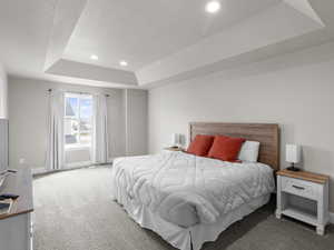 Carpeted bedroom featuring baseboards, recessed lighting, and a tray ceiling