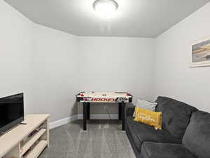 Recreation room featuring a textured ceiling, carpet, and baseboards