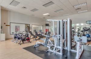 Gym with visible vents, a drop ceiling, and wood finished floors