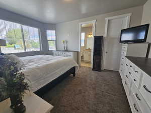 Carpeted bedroom with a textured ceiling and ensuite bathroom