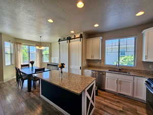 Kitchen with a textured ceiling, stainless steel dishwasher, a barn door, a sink, and dark wood-type flooring