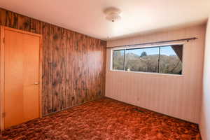 Carpeted spare room featuring wood walls