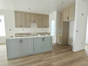 Kitchen with light wood finished floors and a kitchen island