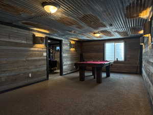 Game room with wood walls, carpet flooring, and pool table