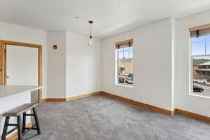 Unfurnished dining area with baseboards, carpet, and plenty of natural light