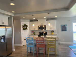 Kitchen featuring baseboards, tasteful backsplash, stainless steel appliances, and dark wood-type flooring