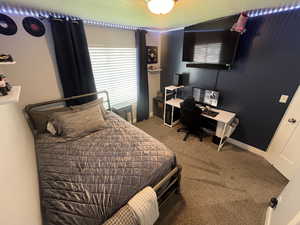 Bedroom with baseboards, multiple windows, and carpet