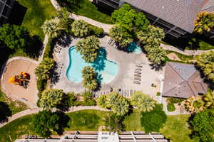Bird's eye view of waterfall pool and playground.