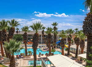 Hub pool, water slide, playground, snack shack, and water slides.