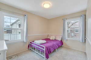 Carpeted bedroom featuring visible vents, baseboards, and multiple windows