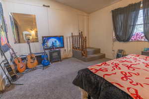Carpeted bedroom featuring wooden walls, a wood stove, and vaulted ceiling