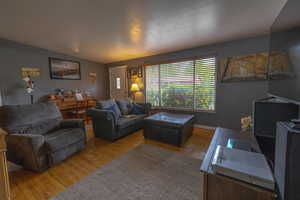 Living room with light wood-style floors and lofted ceiling