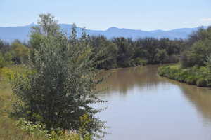 Property view of water with a forest view and a mountain view