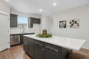 Kitchen with stainless steel dishwasher, a sink, light wood-type flooring, recessed lighting, and light countertops