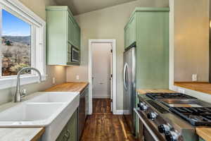 Kitchen featuring appliances with stainless steel finishes, a sink, light countertops, dark wood-style floors, and green cabinetry