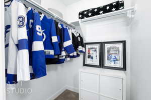 Walk in closet with carpet flooring