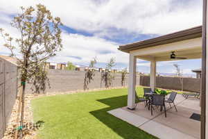 View of yard with a ceiling fan, a patio area, and a fenced backyard