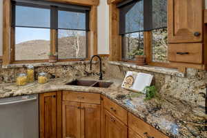 Kitchen with a sink, a healthy amount of sunlight, decorative backsplash, and dishwasher