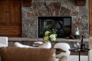 Details featuring a stone fireplace