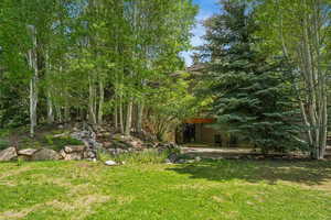 View of grassy yard featuring a patio