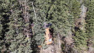 Birds eye view of property featuring a wooded view