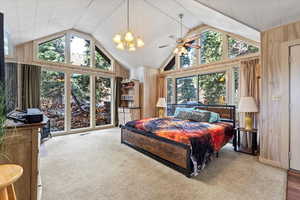 Bedroom featuring carpet floors, wood walls, and lofted ceiling