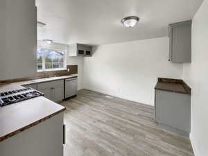Kitchen with stainless steel dishwasher, stovetop, a sink, light wood finished floors, and gray cabinetry