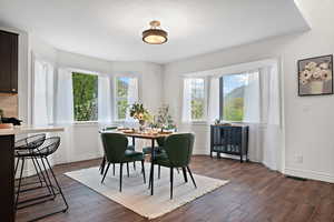 Dining room featuring visible vents, a healthy amount of sunlight, and dark wood-type flooring