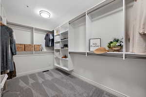 Master walk in closet featuring visible vents and carpet