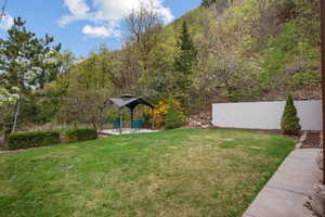 View of yard with a gazebo, a patio area, and a view of trees