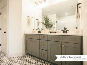 Bathroom featuring a sink, double vanity, baseboards, a shower stall, and visible vents