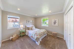 Carpeted bedroom with crown molding, baseboards, a closet, and recessed lighting