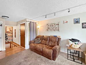 Carpeted living area with a textured ceiling, baseboards, and rail lighting