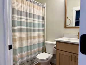 Bathroom featuring toilet, curtained shower, and vanity
