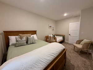 Bedroom featuring dark carpet