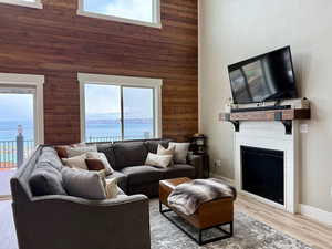 Living room with a high ceiling, wooden walls, a fireplace, and a healthy amount of sunlight