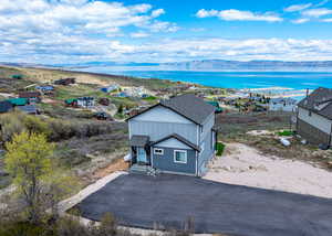 Aerial view with a water and mountain view