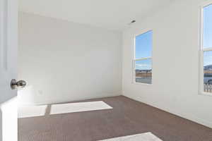 Carpeted empty room featuring baseboards, visible vents, and plenty of natural light