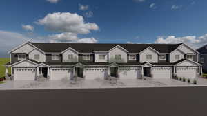 View of property with a residential view, an attached garage, stone siding, board and batten siding, and driveway