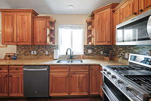 Kitchen with a sink, tasteful backsplash, open shelves, and stainless steel appliances