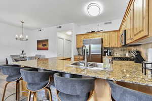 Kitchen with tasteful backsplash, stainless steel appliances, visible vents, a notable chandelier, and a peninsula