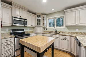Kitchen with appliances with stainless steel finishes, a sink, light wood finished floors, recessed lighting, and glass insert cabinets