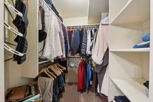 Walk in closet with carpet flooring
