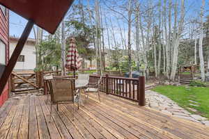 Wooden deck featuring a yard and outdoor dining space