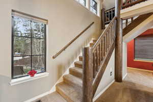 Stairs with baseboards, carpet, and a healthy amount of sunlight
