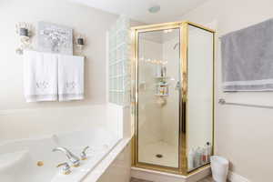 Bathroom with a jetted tub and a stall shower