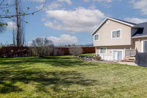 Rear view of property featuring a fenced backyard, stucco siding, a yard, and a shingled roof