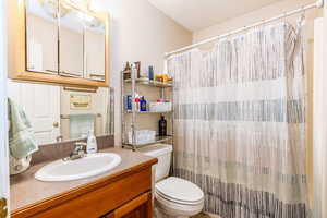 Bathroom featuring vanity, toilet, and a shower with shower curtain