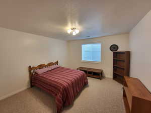 Bedroom with baseboards, a textured ceiling, and light colored carpet