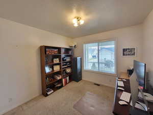 Office with a textured ceiling, baseboards, visible vents, and light carpet